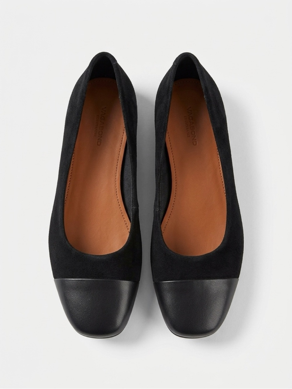 Vagabond Black Suede and Matte Black Cap-Toe Ballet Flats